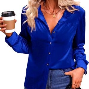 BLUE VELVET BUTTON DOWN SHIRT Solid Button Down Long Sleeve Collar blouse top